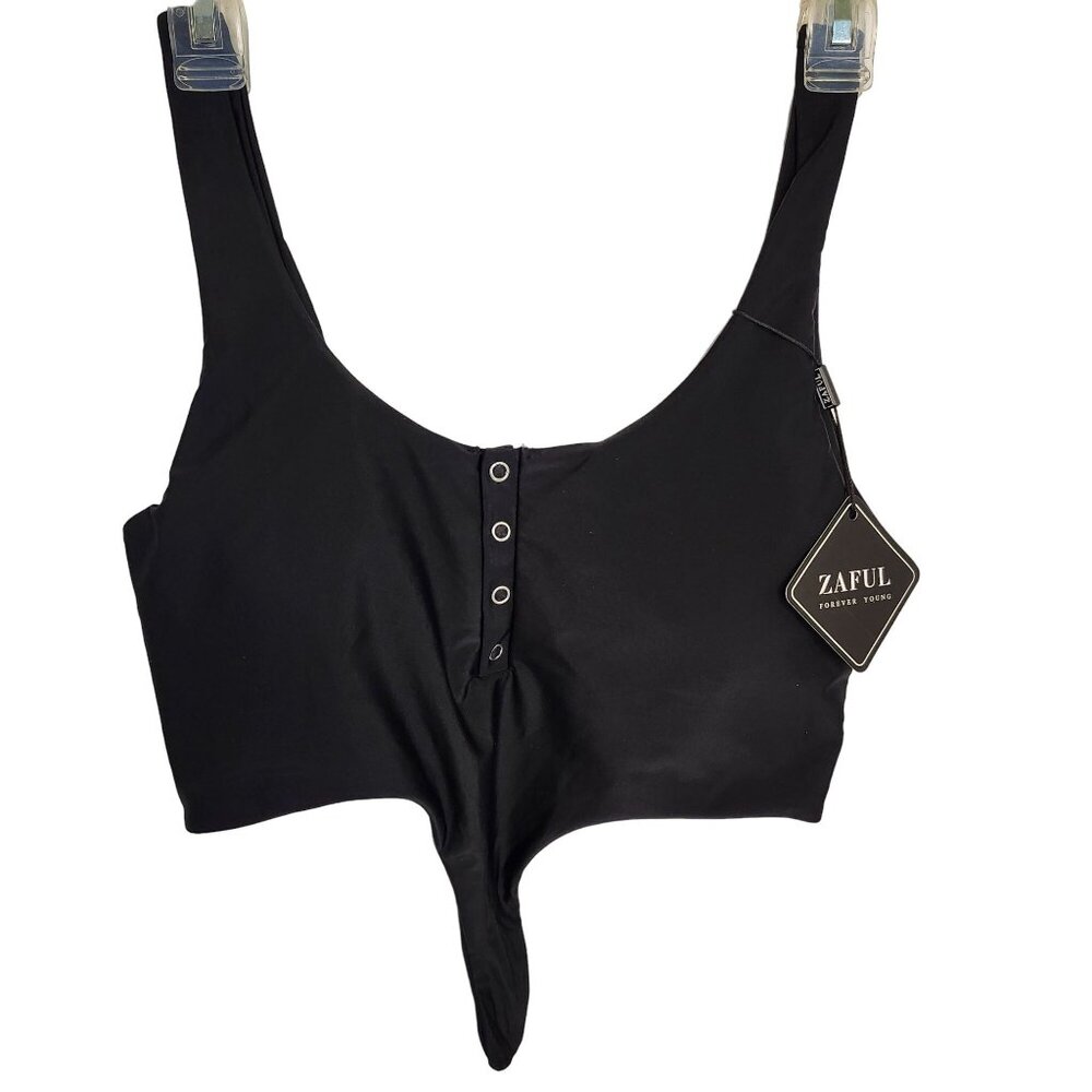 Zaful Womens Bodysuit Top Size M Forever Young Black Button-Front Padded Cups